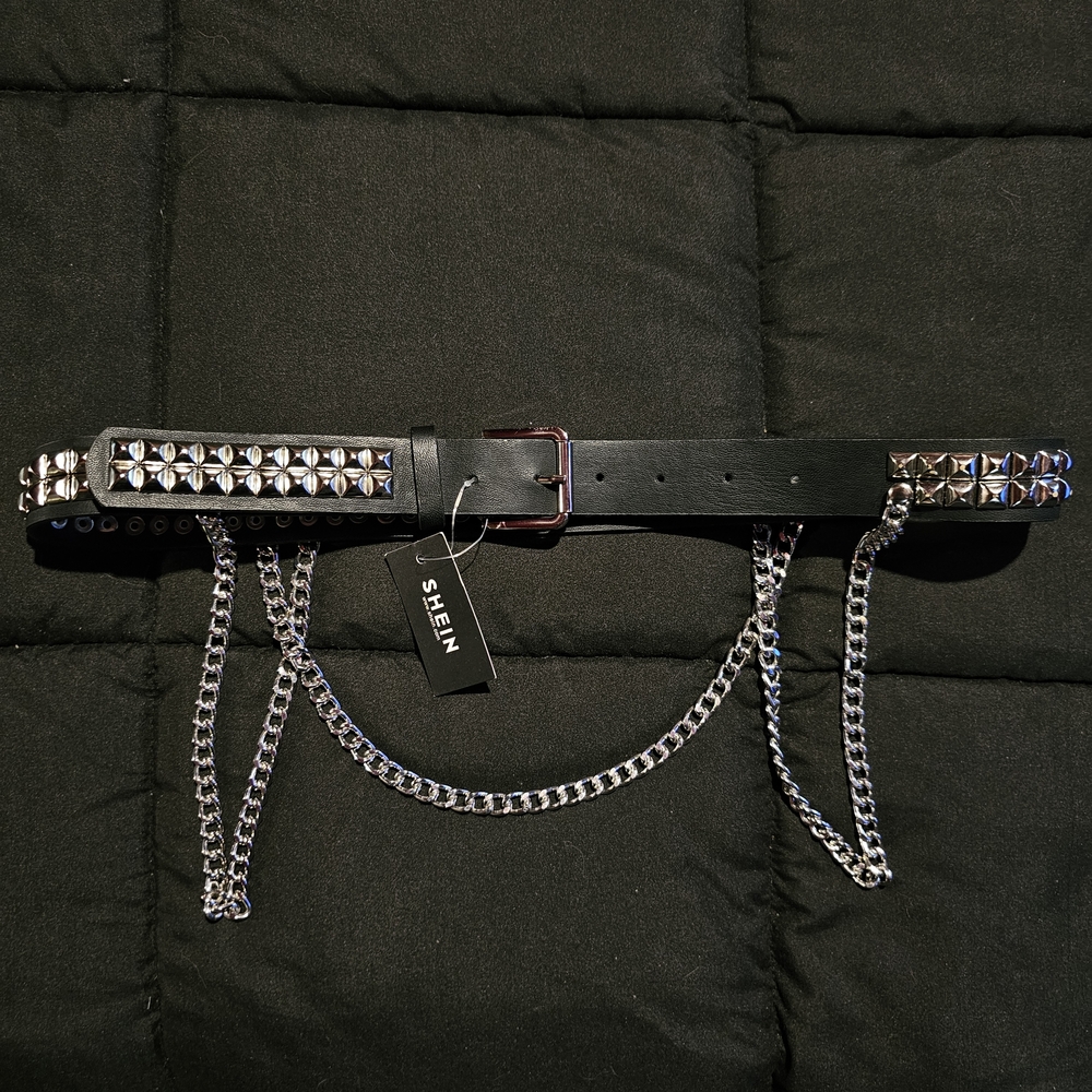 SHEIN Black Studded Belt with Silver Chains